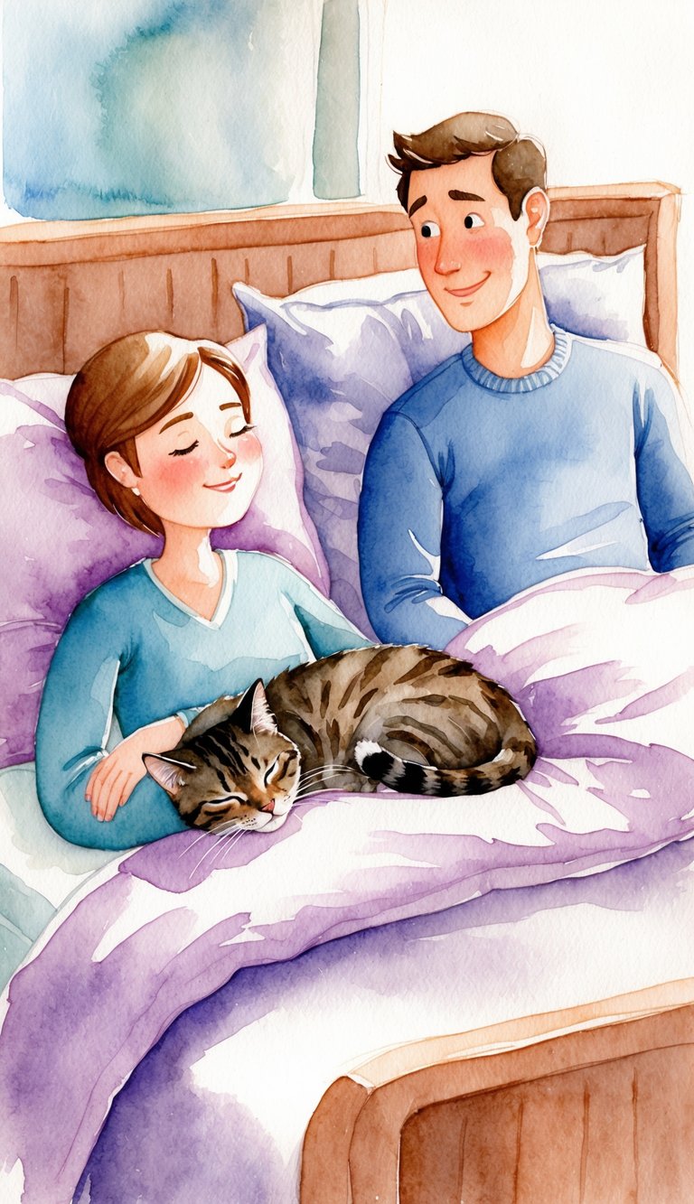 A cozy bed with a sleeping cat nestled next to a person, with a husband looking on from the other side of the bed