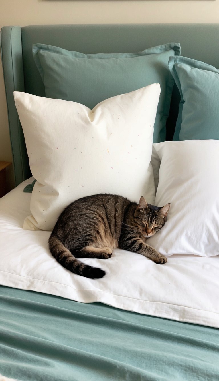 A cozy bed with two pillows, one with cat hair, the other pristine. A sleeping cat curled up on one pillow, while the other remains untouched