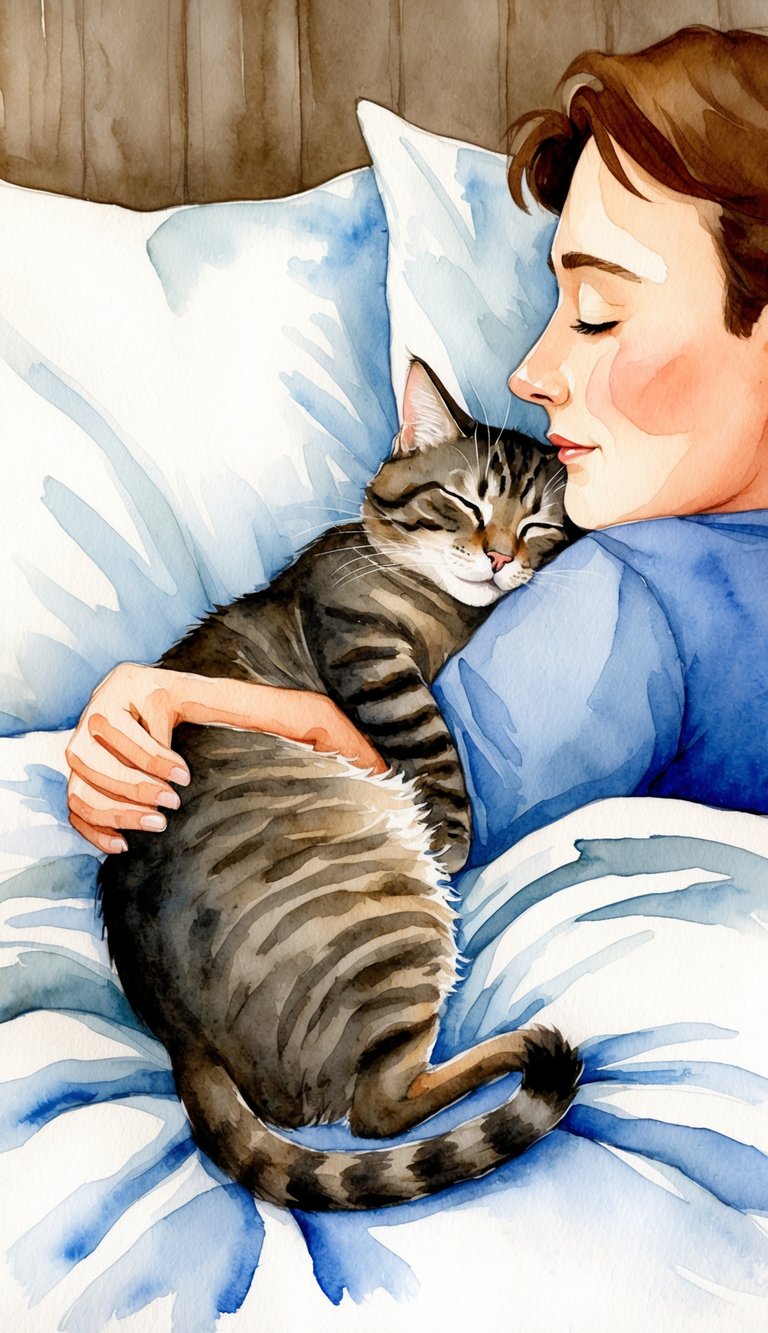 A cozy bed with a sleeping cat nestled next to a person, showing the bond between the feline and their owner