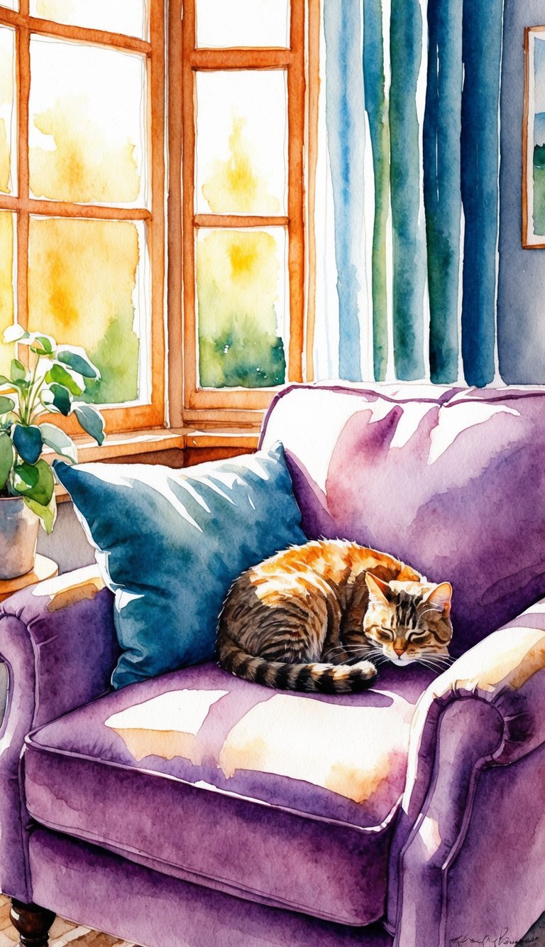 A cozy living room with a cat curled up on a plush armchair, basking in the warm sunlight streaming through the window