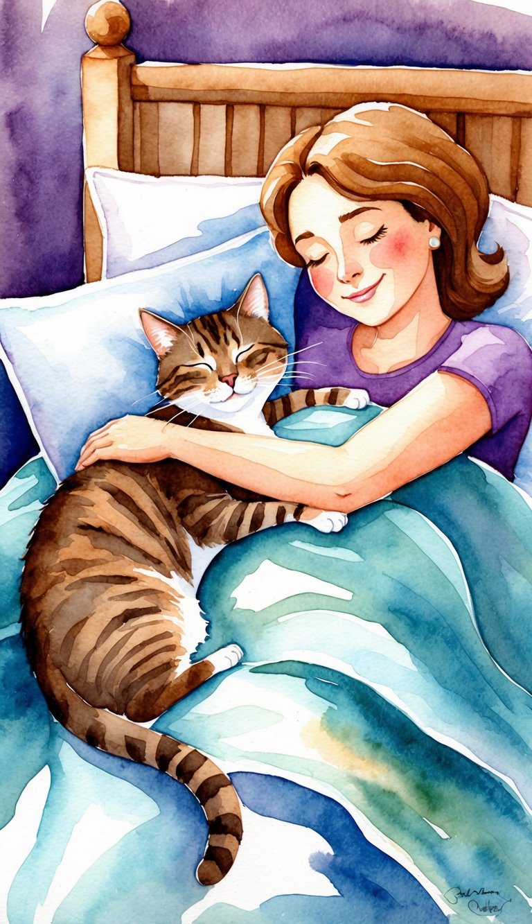 A cozy bed with a sleeping cat nestled next to a contented woman