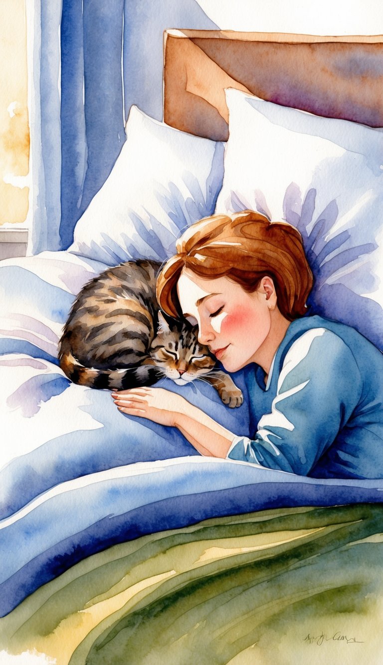 A cozy bed with a sleeping cat nestled beside a peacefully napping person