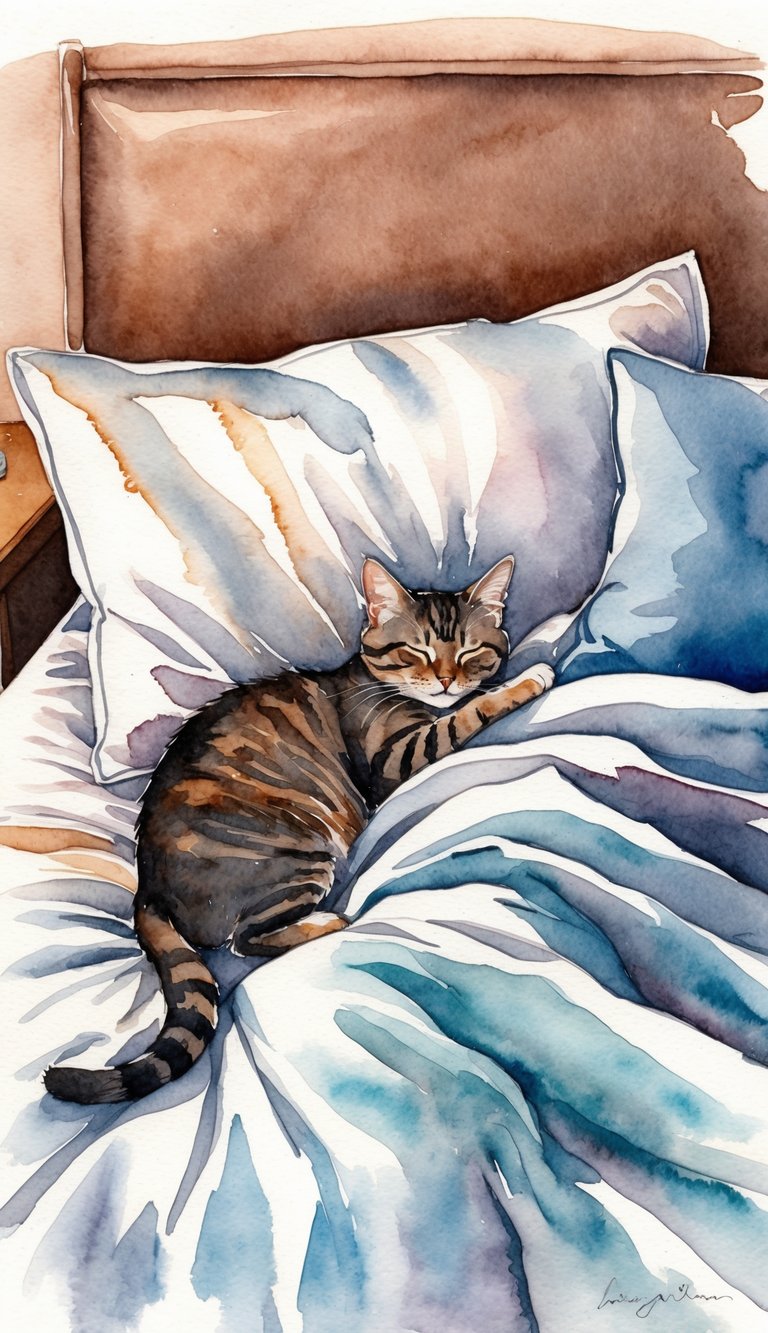 A cozy bed with a sleeping cat nestled next to a person