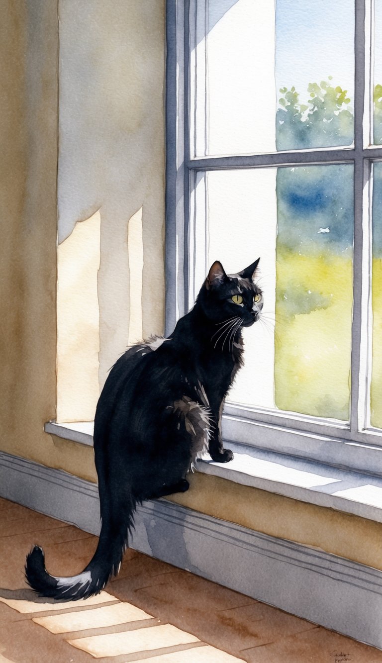 A black cat sits on a windowsill, staring at a blank wall with intense curiosity. Sunlight streams in through the window, casting long shadows on the floor