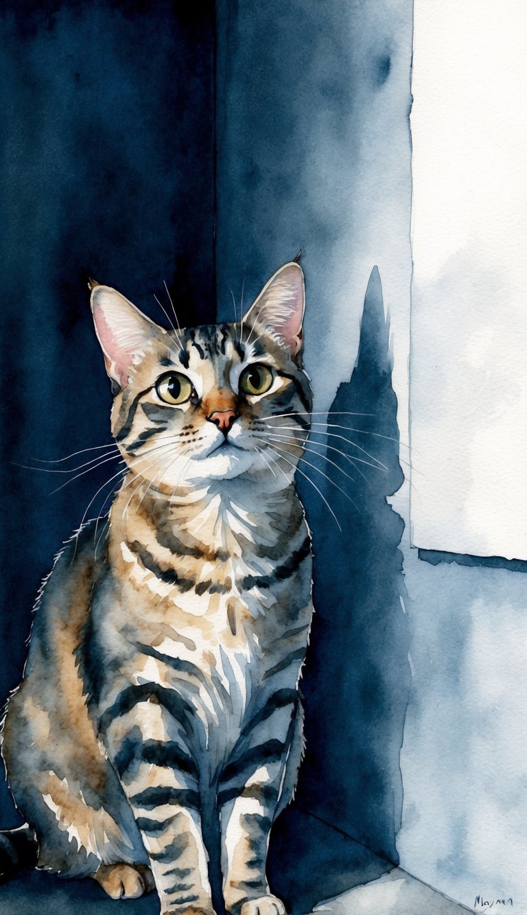 A cat sits in a dimly lit room, fixated on a blank wall. Its eyes are wide and focused, with a sense of curiosity and mystery in the air