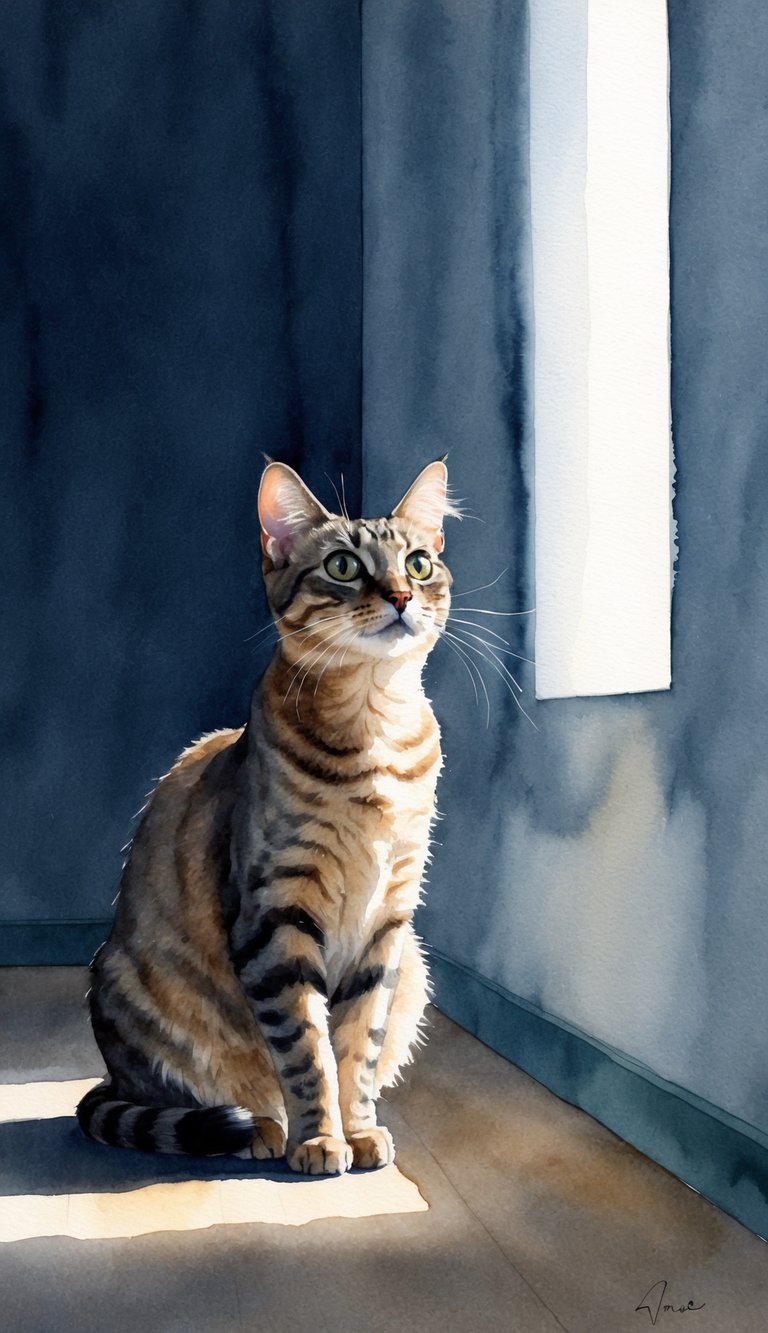 A cat sits in a dimly lit room, fixated on a blank wall. Its ears are perked up and eyes wide, as if something invisible has captured its attention