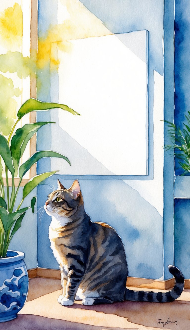 A cat sitting in a sunlit room, gazing at a blank wall with a serene expression. Feng shui elements are present, such as plants and a water feature