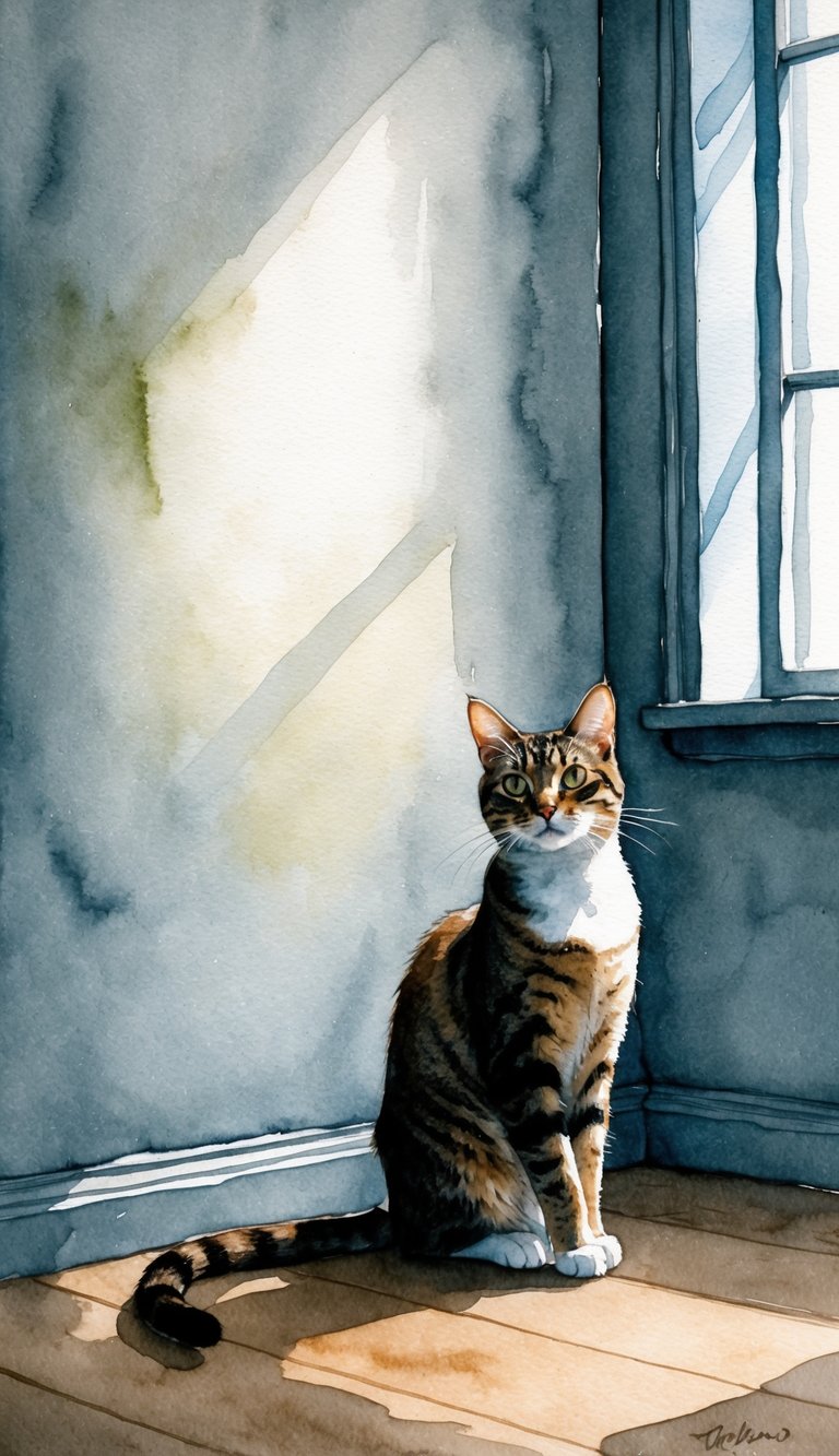 A cat sits in a dimly lit room, staring intently at a blank wall. The room is filled with a sense of silent anticipation