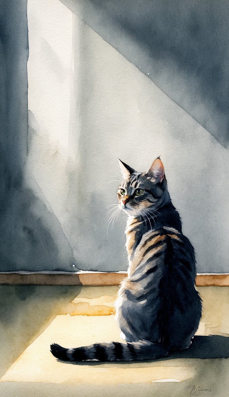A cat sits in a dimly lit room, staring intently at a blank wall, with its ears perked up and tail twitching