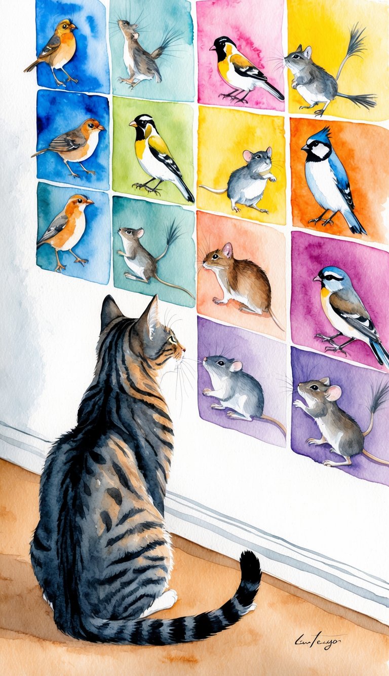 A cat sits gazing at a wall covered in colorful, moving images of birds and mice, captivating the feline with endless entertainment possibilities