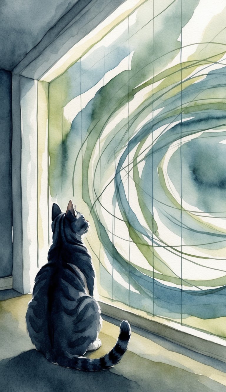 A cat sits in a dimly lit room, fixated on a mesmerizing wall pattern of swirling lines and geometric shapes