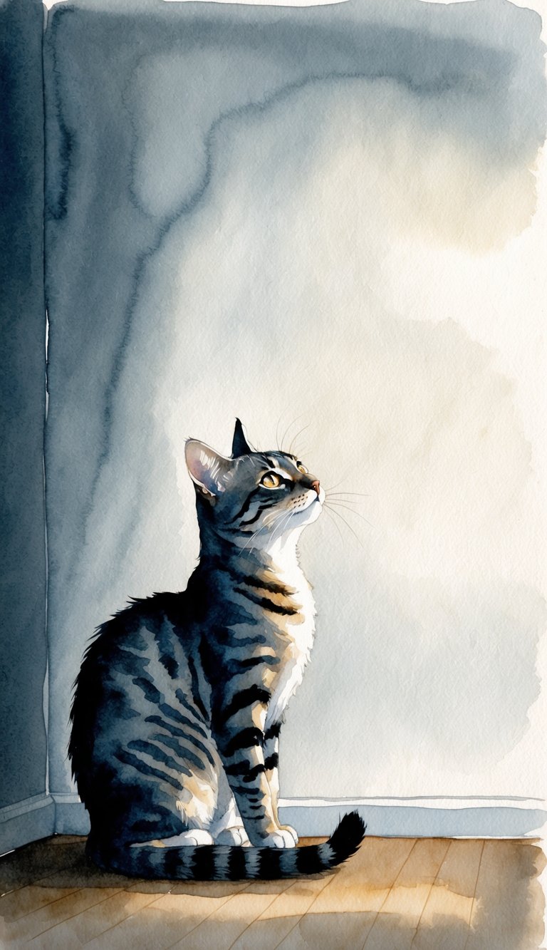 A cat sitting in a dimly lit room, staring intently at a blank wall with a curious and focused expression
