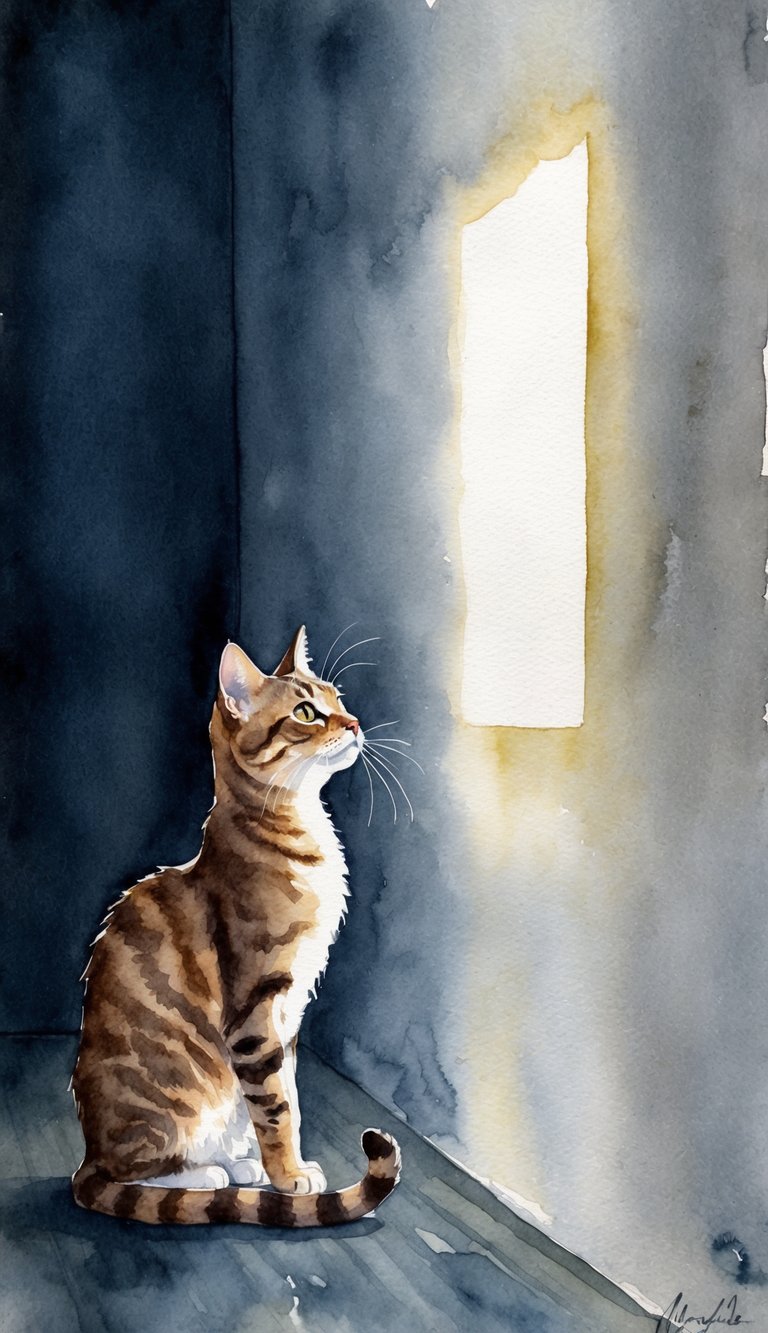 A curious cat sits in a dimly lit room, fixated on a blank wall with intense focus