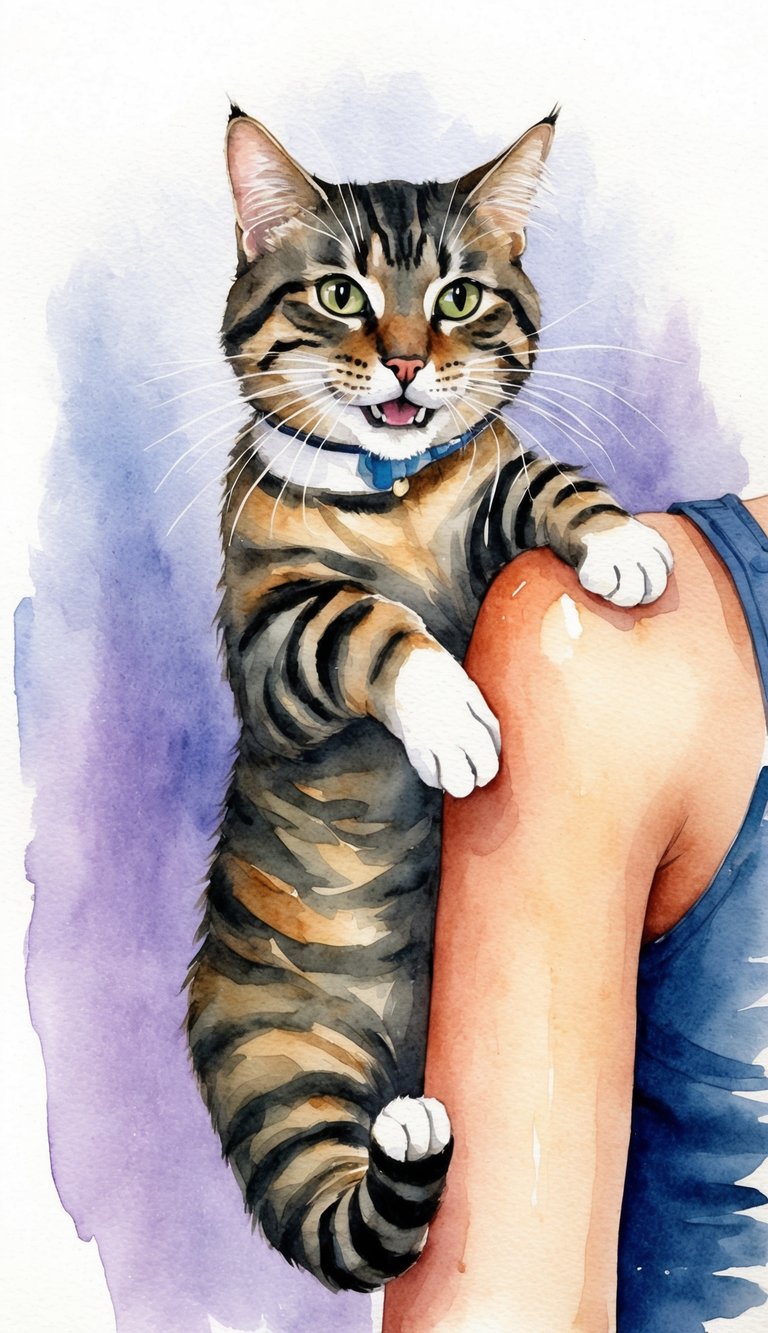 A cat wraps its front legs around an arm and playfully nips at it, showing affection through playful behavior