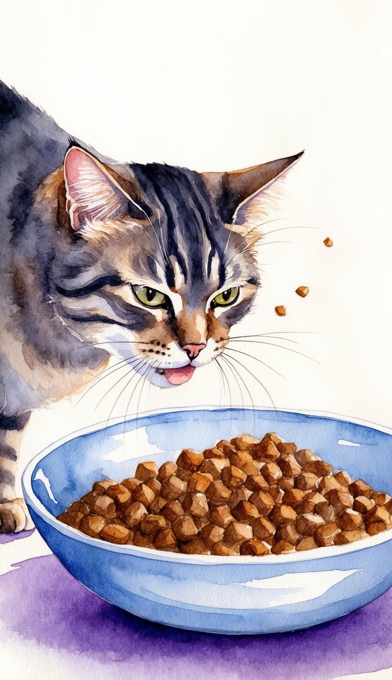 A cat sniffing a bowl of food with a disgusted look on its face, while a faint scent of poop lingers in the air