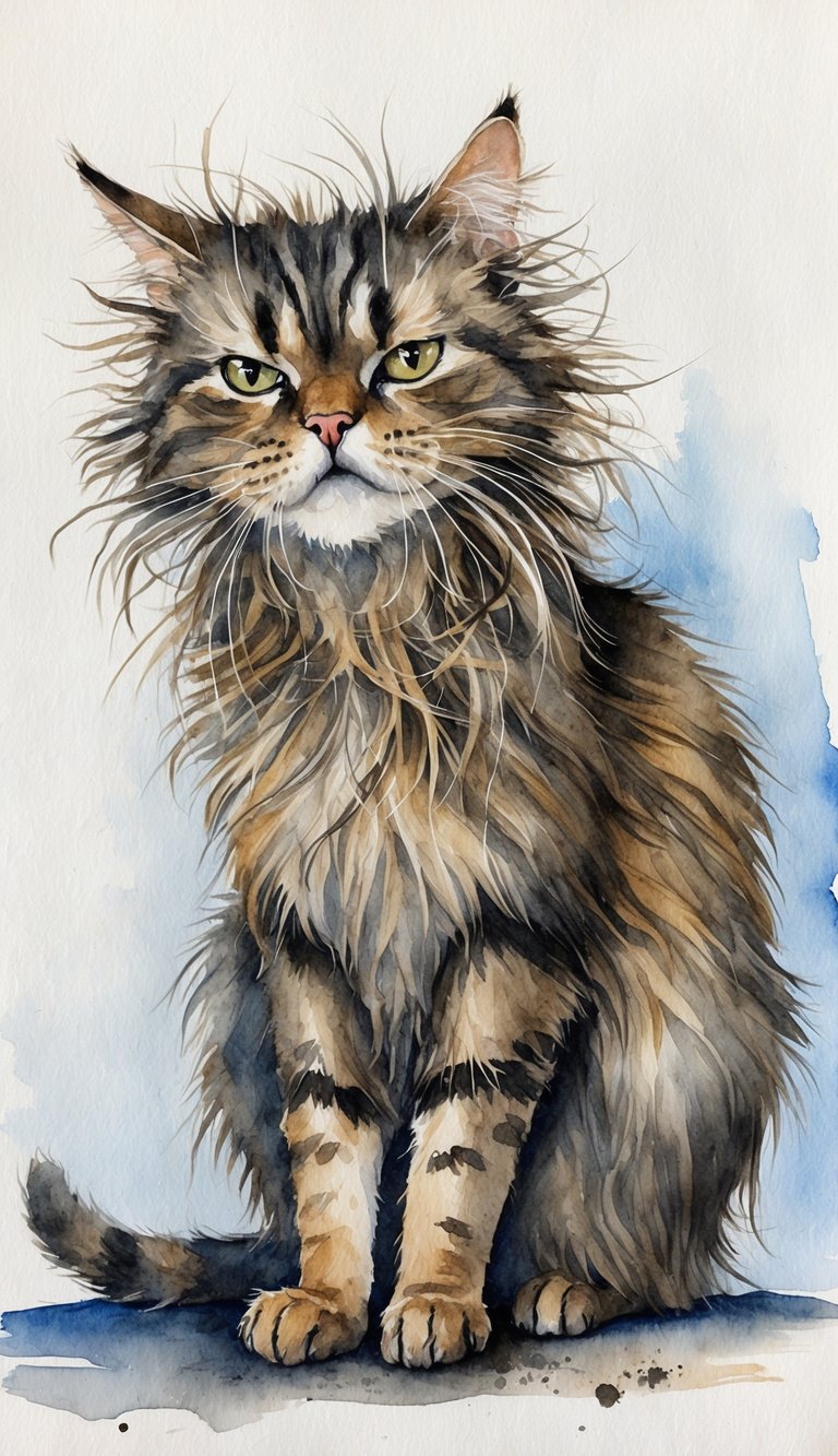 A disheveled cat with a tangled fur coat, dirt on paws, and a displeased expression