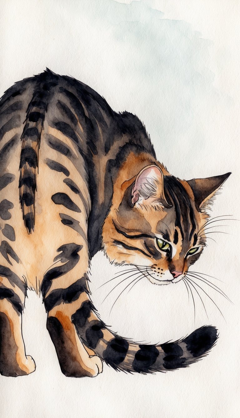 A cat sniffing its own behind with a displeased expression on its face