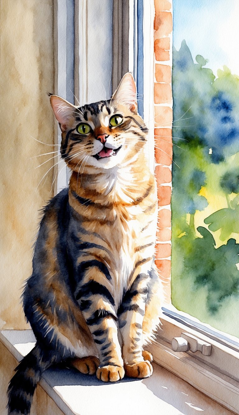 A cat winking playfully at its owner while sitting on a sunny windowsill