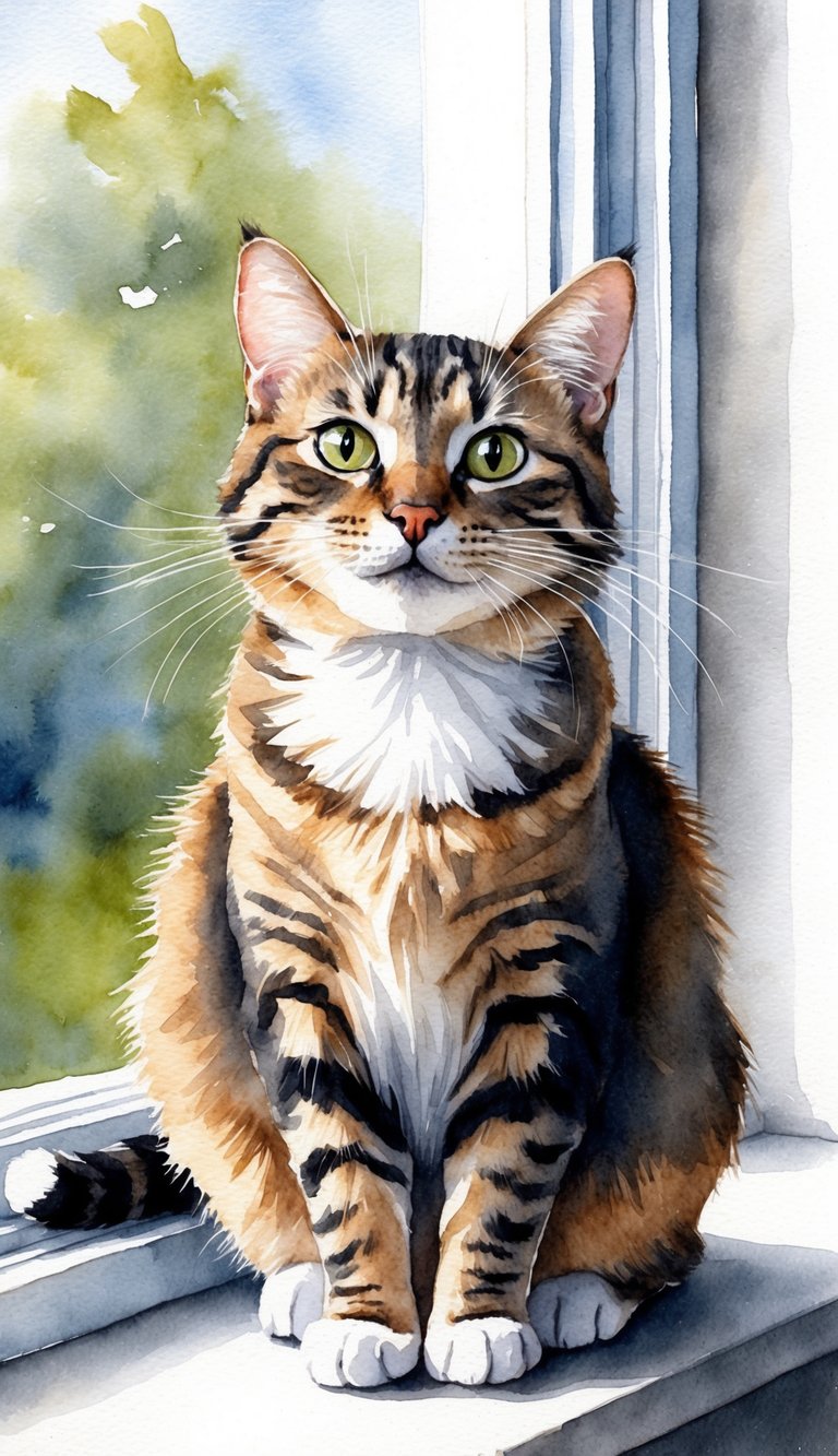 A cat sitting on a windowsill, one eye half-closed in a playful wink, with a curious expression on its face
