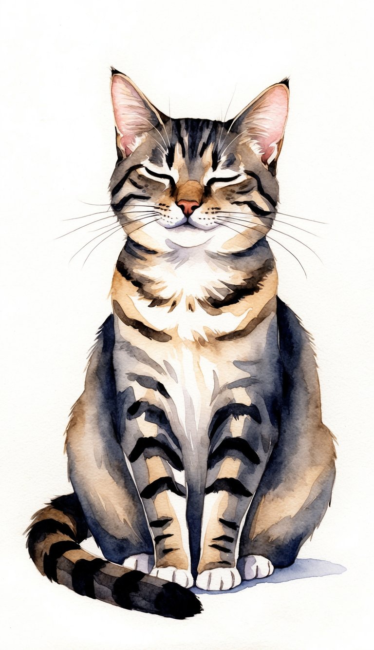 A cat with relaxed ears and half-closed eyes, gently winking at the viewer. Tail is relaxed and slightly curved