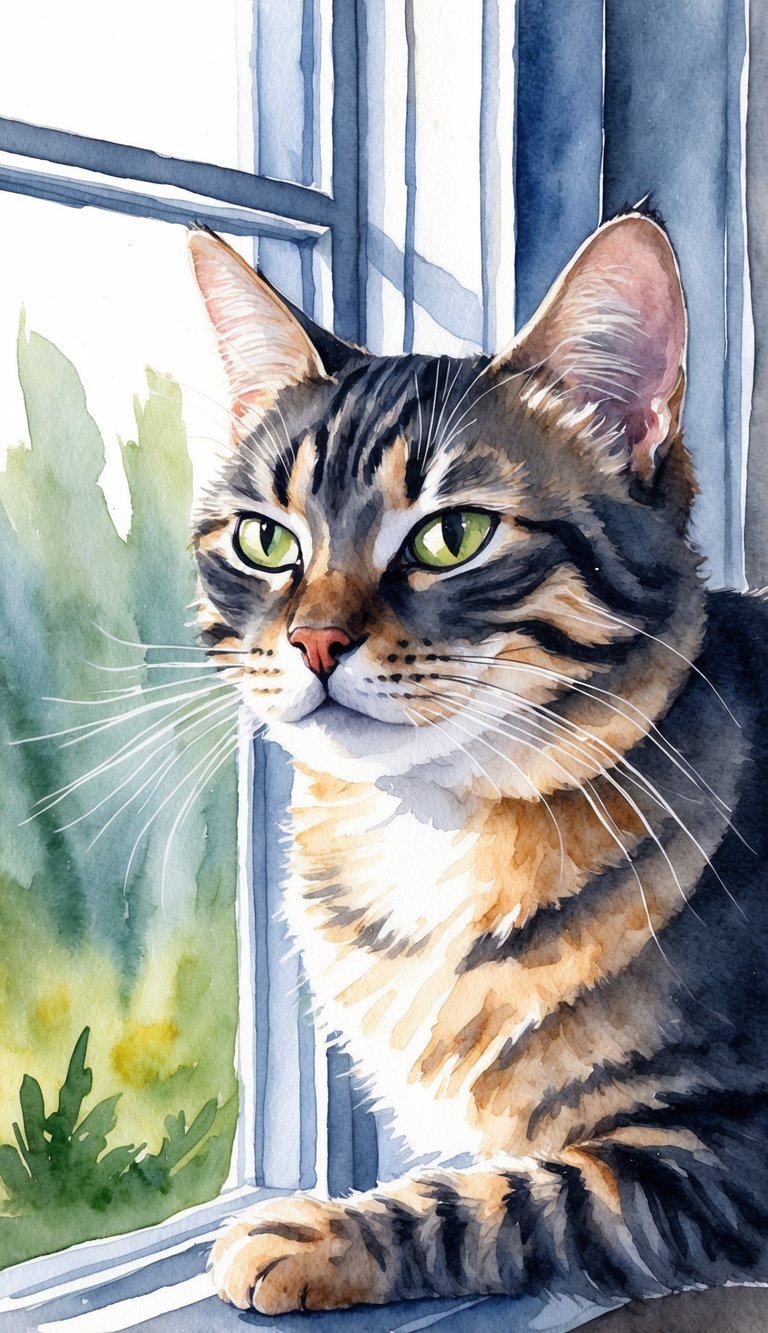 A cat sits on a windowsill, one eye closed in a deliberate wink, with a curious expression on its face