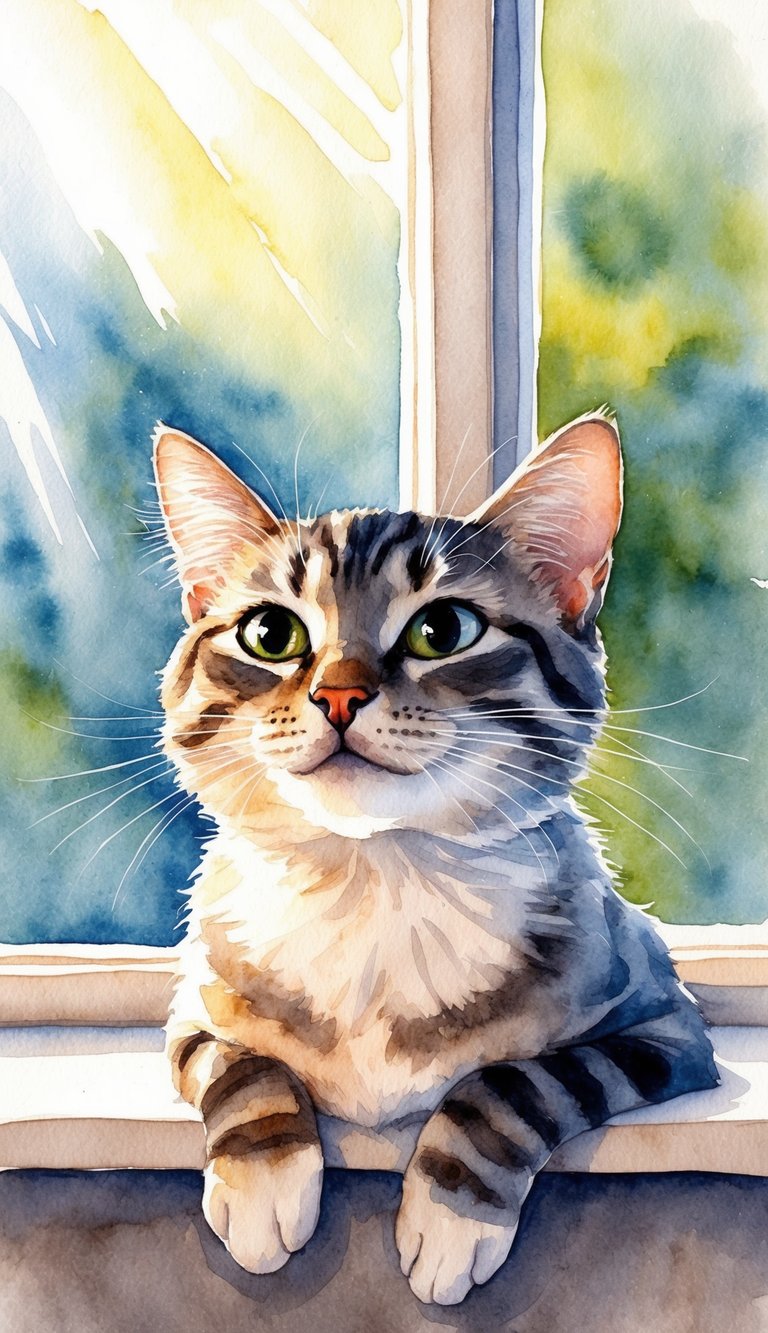 A cat winks with one eye while sitting on a cozy window perch, sunlight streaming in, with a curious expression on its face