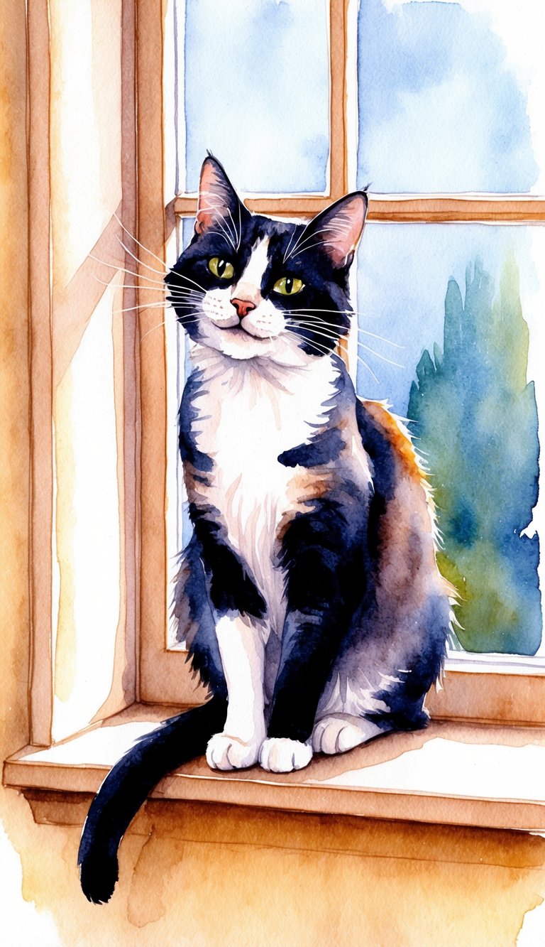 A cat sitting on a windowsill, winking at its owner with a mischievous expression