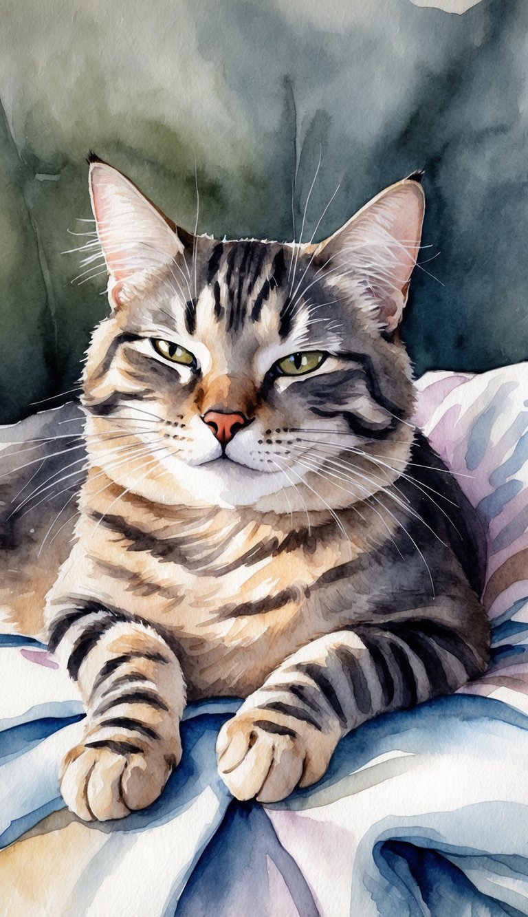 A cat lounging on a cozy blanket, eyes half-closed, winking at the viewer with a contented expression