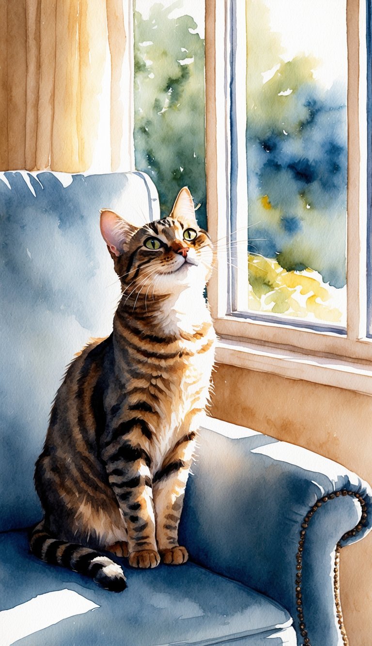 A cat winks playfully at its owner, sitting on a cozy armchair by the window. The sunlight streams in, casting a warm glow on the scene