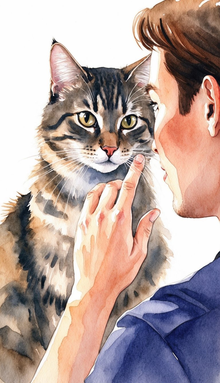 A cat gently touches a person's face with its paw while looking into their eyes