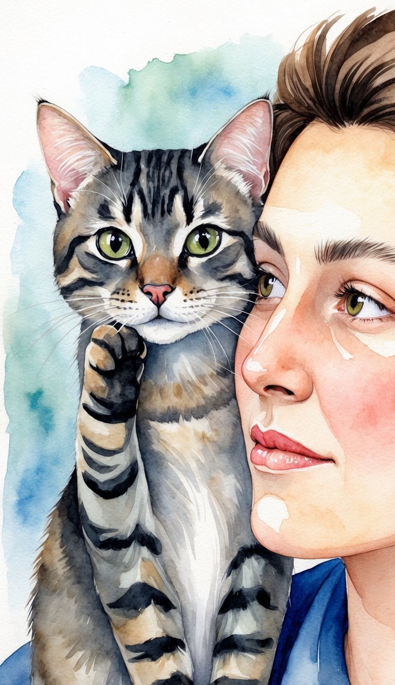 A cat gently presses its paw against a person's cheek, looking into their eyes with a curious and affectionate expression