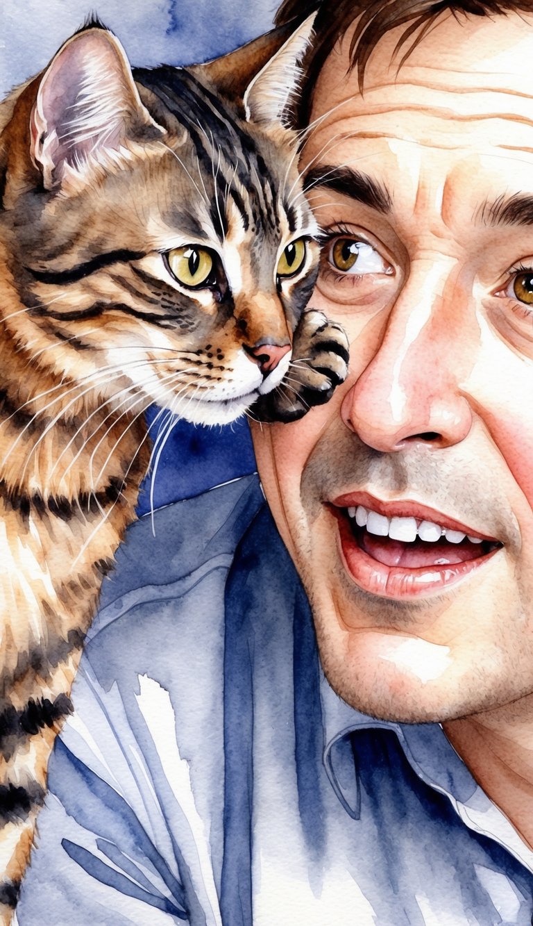 A cat leaning in close, gently touching its owner's face with its paw, while the owner looks surprised and amused