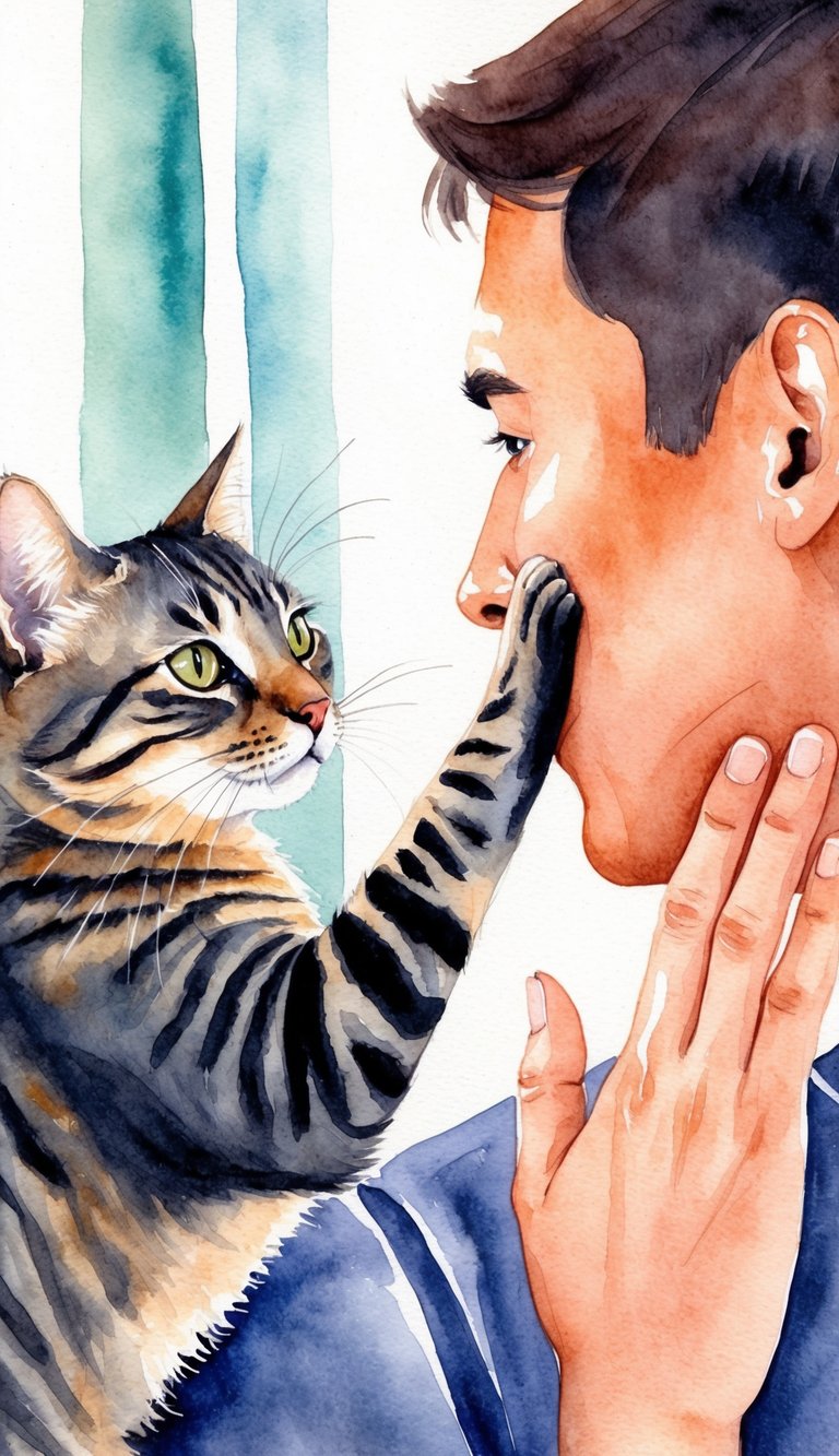 A cat gently reaches out to touch the face of its owner, seeking attention or attending to needs