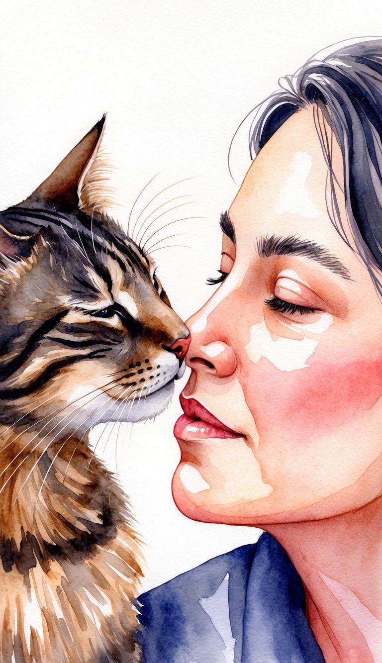 A cat gently presses its nose against a person's cheek, their eyes closed in contentment