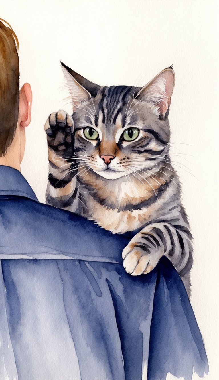 A cat perched on a person's chest, gently touching their face with its paw while looking directly into their eyes with a mischievous expression
