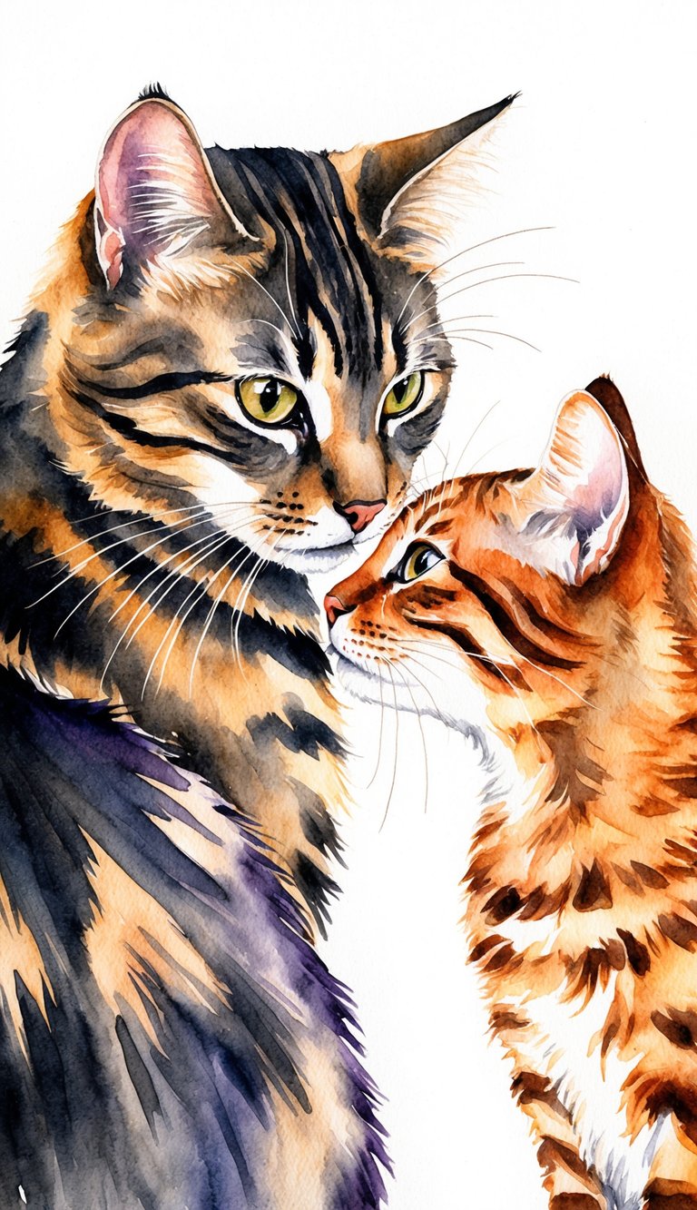 A cat with diverse fur patterns gently touches another cat's face, showing affection and diversity in breeds