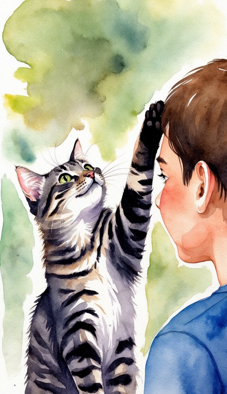 A curious cat reaching up to touch a person's face with its paw