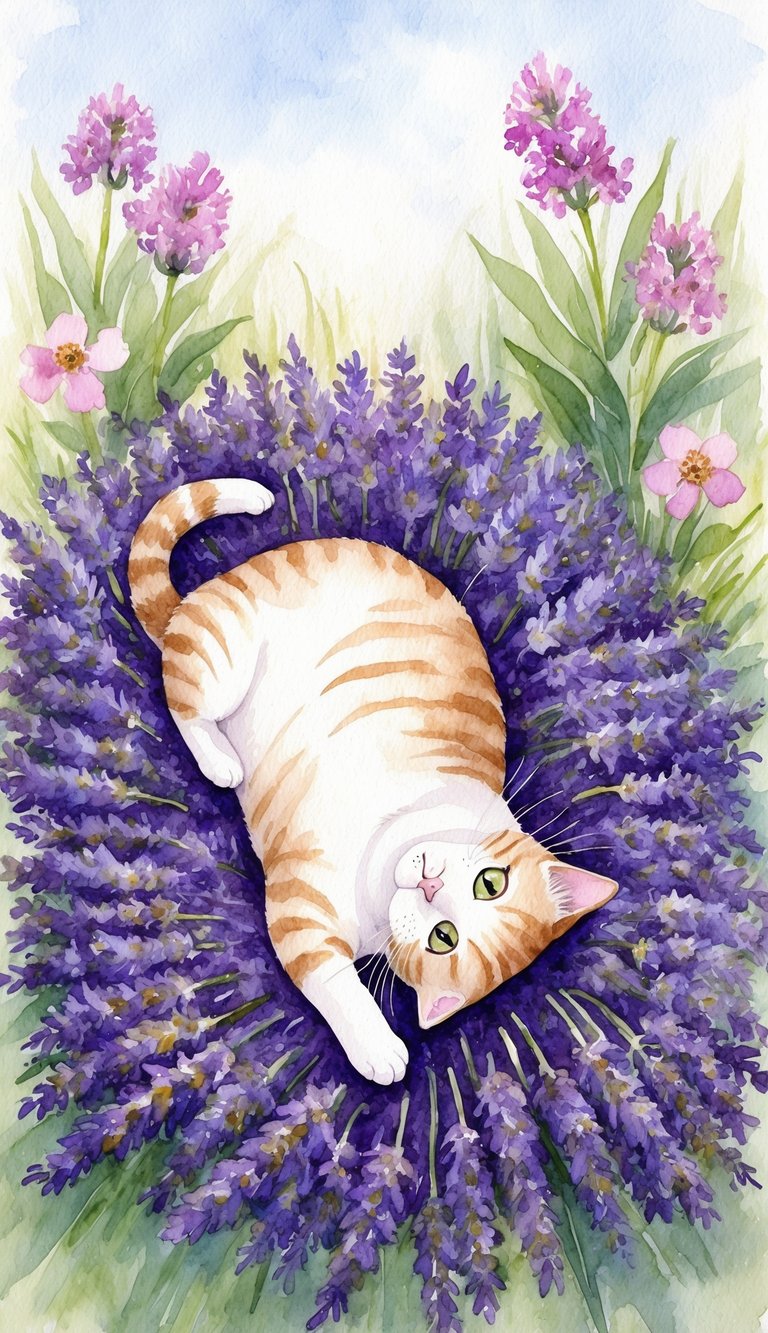 A contented cat rolling in a bed of fresh lavender and catnip, surrounded by blooming flowers and a gentle breeze