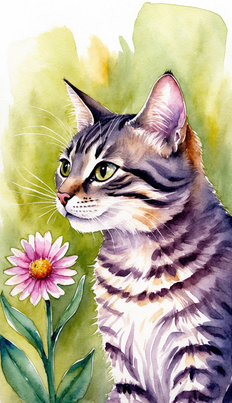 A curious cat sniffing a flower with a contented expression