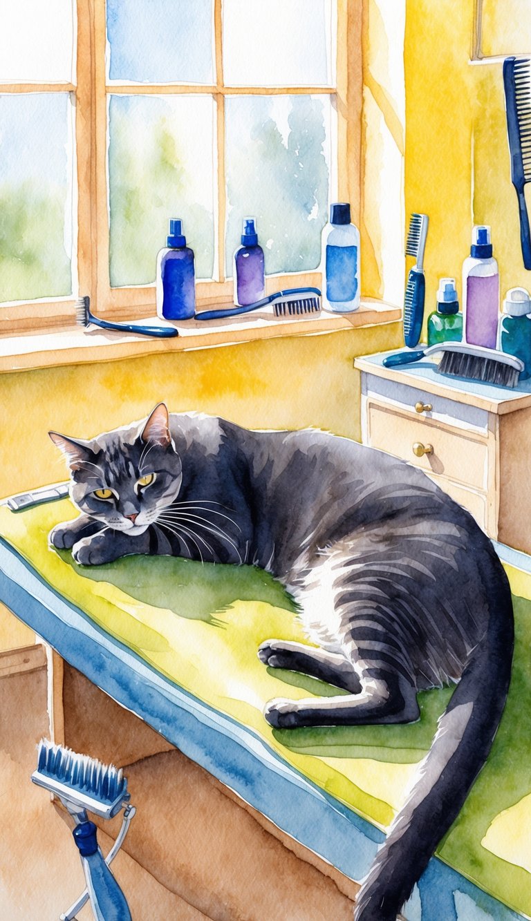 A sleek, contented cat lounges in a sunlit room, surrounded by grooming tools and products. The air is filled with the fresh, clean scent of freshly brushed fur