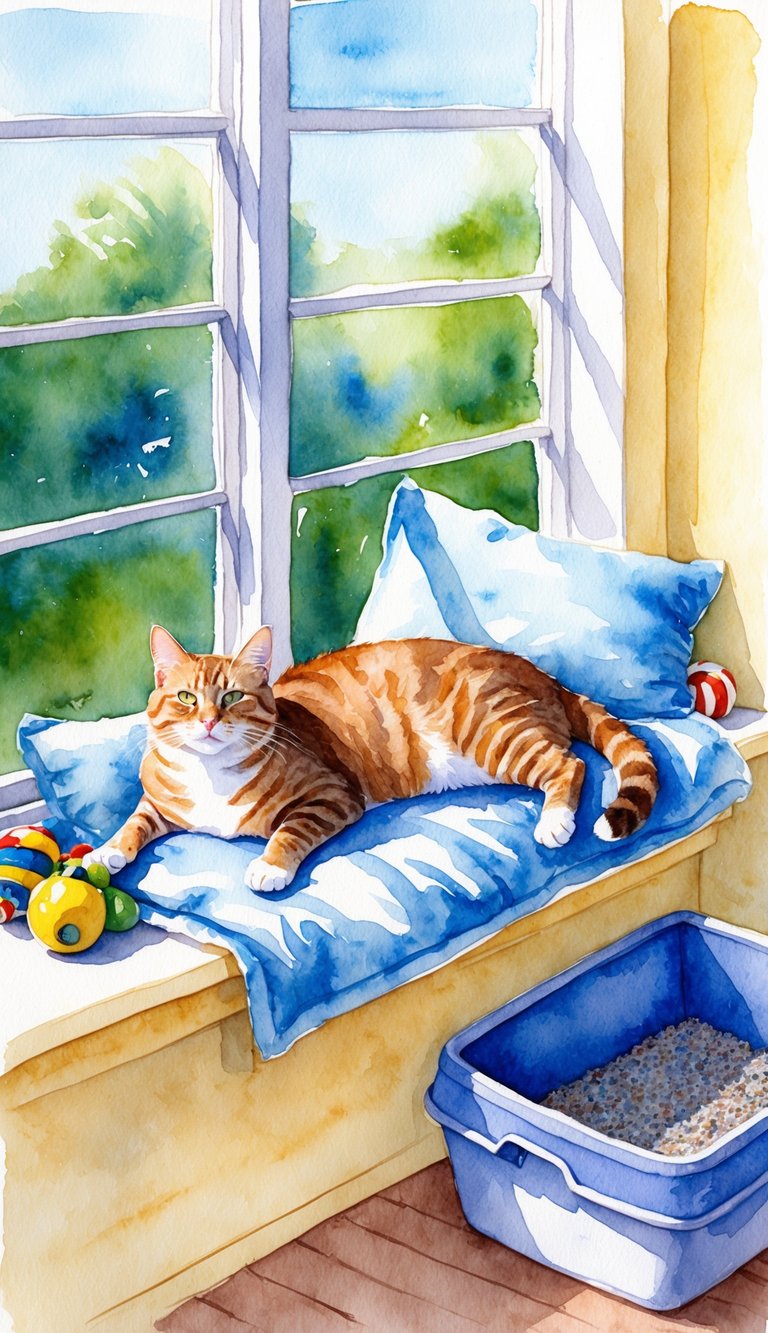 A content cat lounging in a sunny window, surrounded by clean bedding and toys, with a fresh litter box nearby