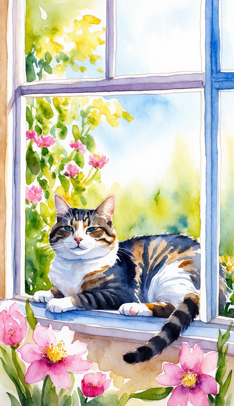 A content cat lounging in a sunlit window, surrounded by blooming flowers and fresh air