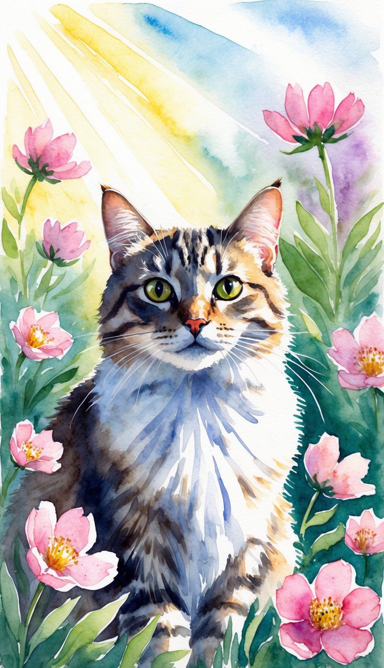 A cat surrounded by blooming flowers, with rays of sunlight highlighting its shiny fur and a gentle breeze carrying its sweet scent