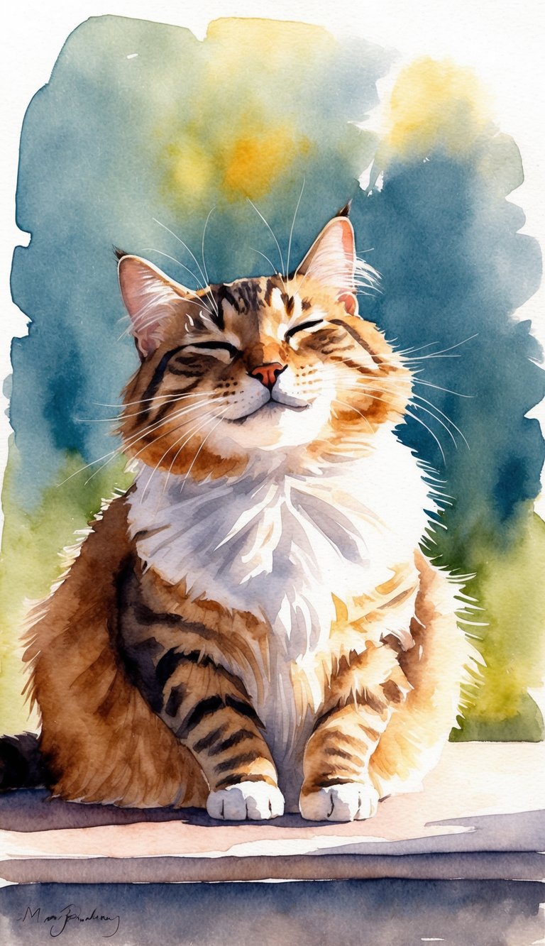 A contented cat basking in sunlight, grooming itself with a satisfied expression