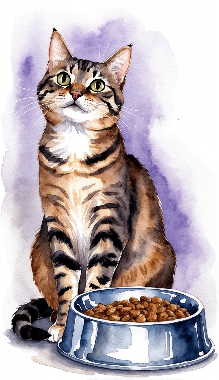 A cat sitting next to its food bowl, looking up at the viewer with a pleading expression