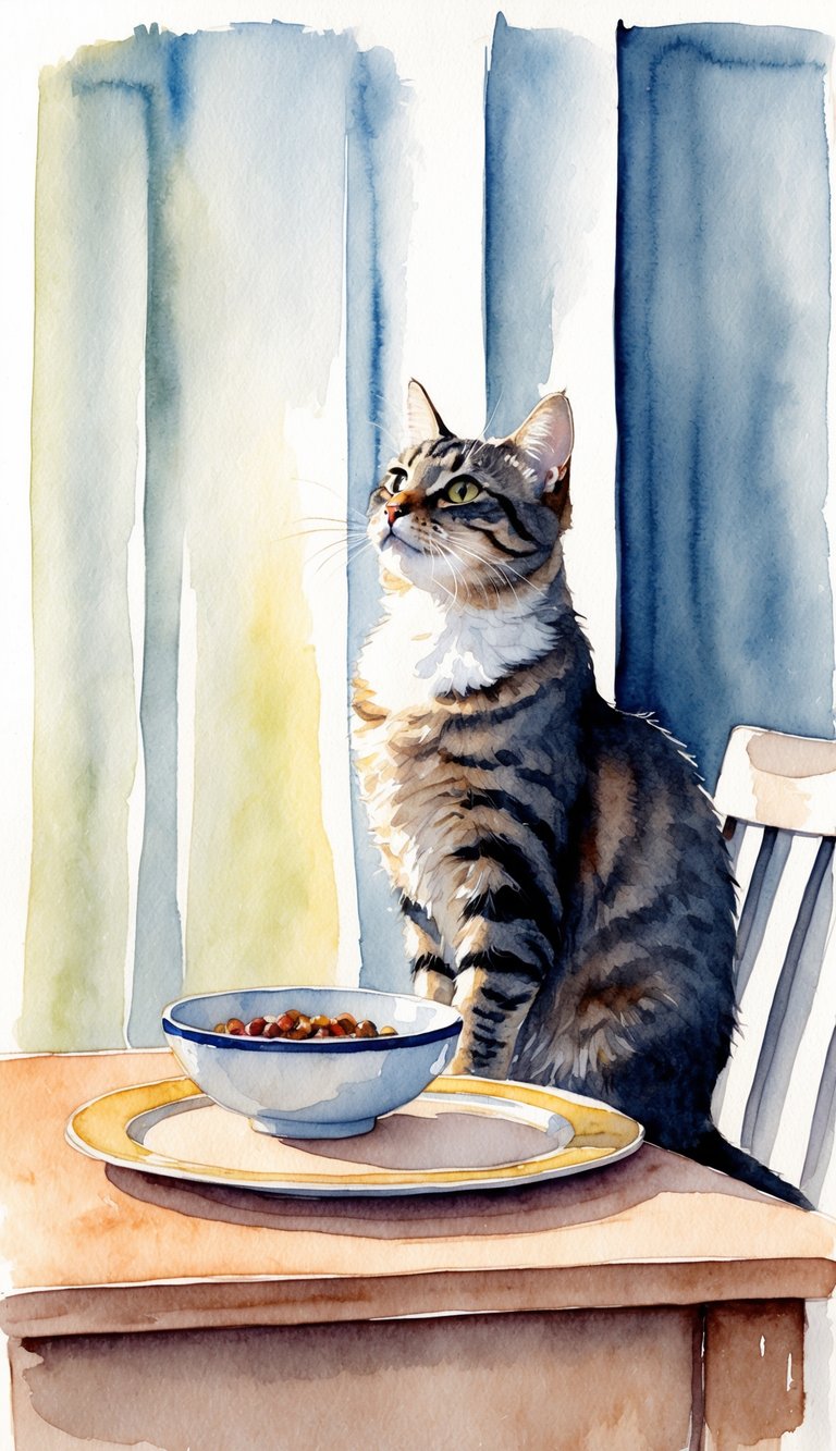 A cat sitting at a dining table, delicately eating from a bowl while glancing up at the viewer with a look of expectation