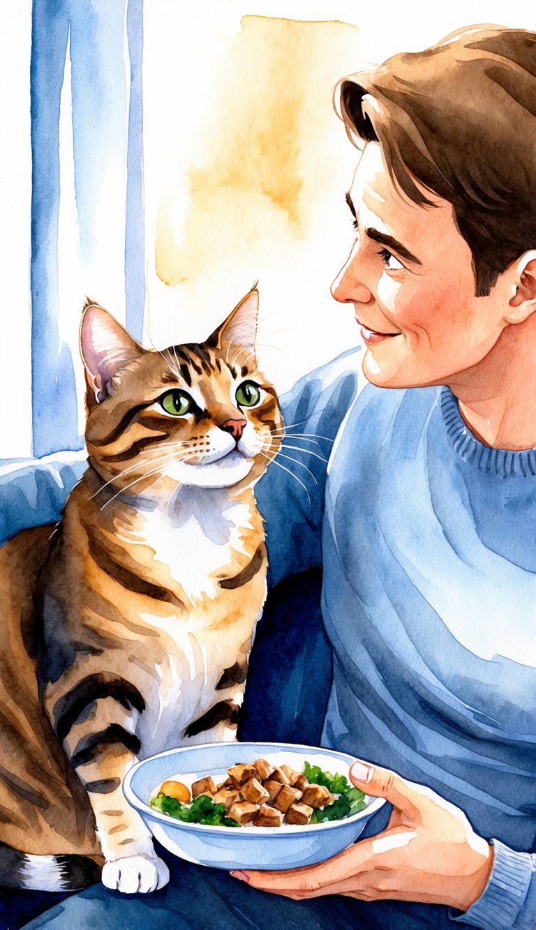A contented cat sits in a cozy corner, looking up at its owner with trusting eyes as it enjoys a meal