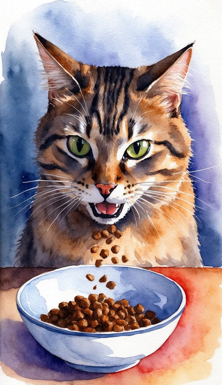 A cat eagerly eats from a bowl, glancing back expectantly at the viewer