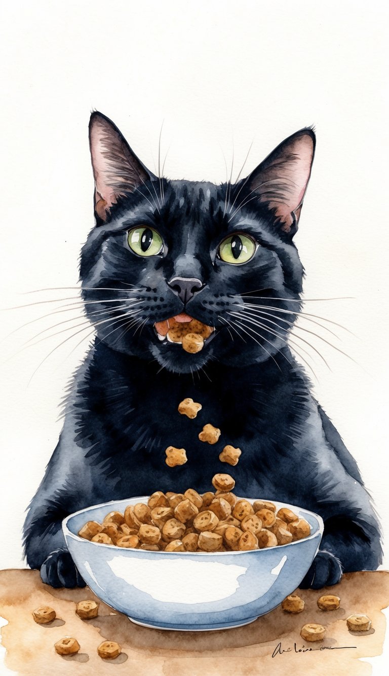 A sleek black cat gazes up expectantly while devouring a bowl of kibble, as if seeking approval or reassurance from its owner