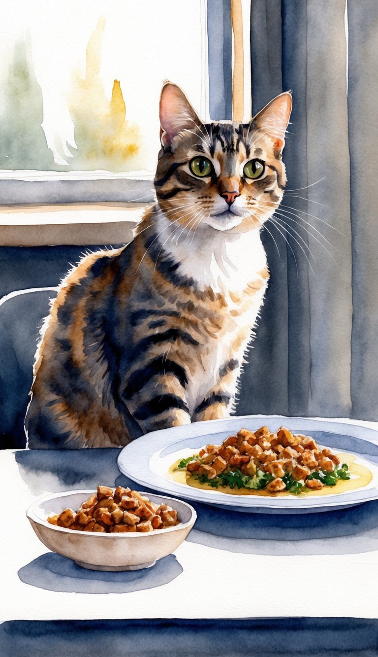 A cat sits at a table with a plate of food, looking back at the viewer expectantly. The cat's body language conveys a sense of urgency and impatience